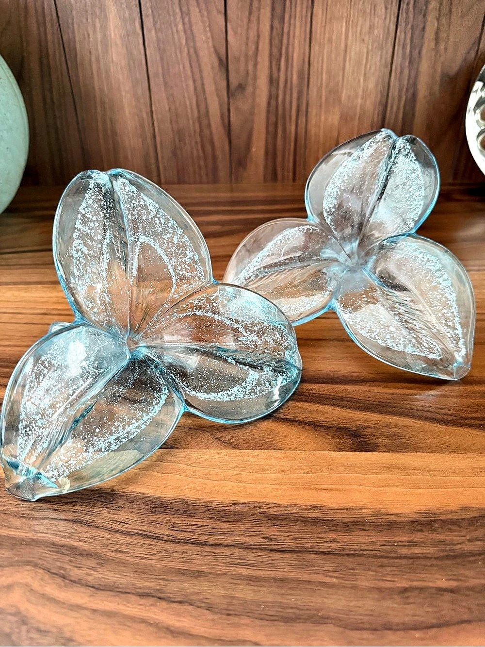 Pair of Glass Flower Sculptures – Sparkling Aqua Glass Home Decor